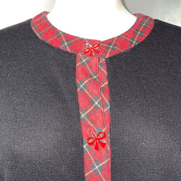 Vintage Holiday Cardigan Jacket size S Petite Plaid Trim Bow Buttons - Picture 2 of 8
